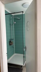 a shower with a glass door in a bathroom at Ocean View Guesthouse in Borgarnes