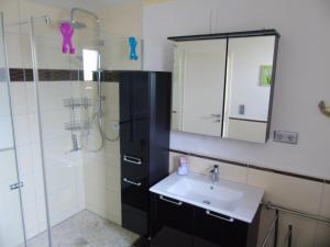 a bathroom with a sink and a shower and a mirror at Ferienwohnung Csilla 2 in Oberweid +40 photos