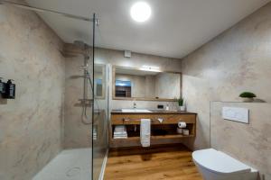 a bathroom with a shower and a toilet and a sink at Hotel Zur Schmiede in Radolfzell am Bodensee +31 photos