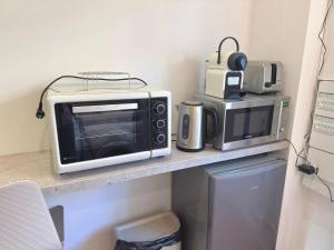 a microwave and a toaster oven on a shelf at Le Perchoir in Beauregard