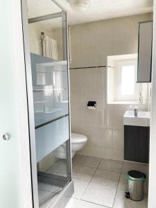 a bathroom with a toilet and a glass shower door at 1 appartement au centre de Saignelégier in Saignelégier
