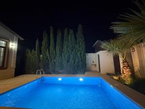 a swimming pool in a yard at night at Seaside Luxe Villa in Bilgah