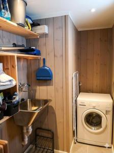 a small kitchen with a washing machine and a sink at Large cabin with panoramic wiews in Ål, Hallingdal in Al