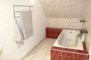 a bathroom with a bath tub in the corner at Gîte de l'Aubinière in Brissac-Quincé +9 photos