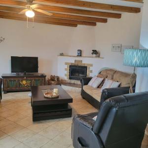a living room with a couch and a fireplace at The stone house in Doukádes