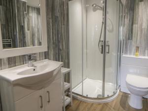 a bathroom with a shower and a sink and a toilet at Dewi Villa in Aberaeron +44 photos