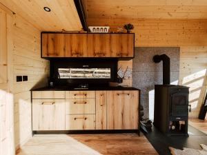 a kitchen with wooden cabinets and a stove at Čiles in Kostolec