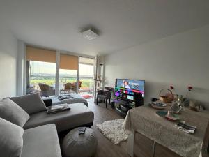 a living room with a couch and a flat screen tv at Helle Wohnung in Fürth in Fürth