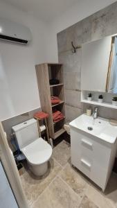 a bathroom with a white toilet and a sink at La dependance in Saint-Gilles +19 photos