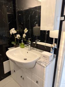 a bathroom with a white sink and a mirror at RK chic Apartments in Colombaro