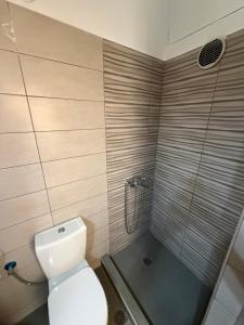 a bathroom with a toilet and a glass shower at Derveni Nest Apartment in Rodhéa +6 photos