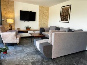a living room with a couch and a tv at Kuća Sunny Rudnik in Rudnik