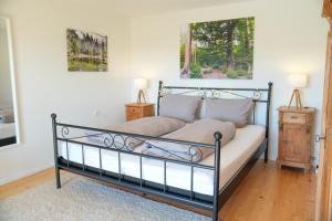 a bed with a metal frame in a room at Arber Lofts in Zwiesel in Zwiesel