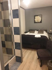 a bedroom with a bed and a chair and a shower at l'authentique in Saint-Amand-Montrond