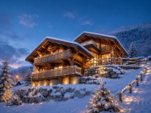 a log cabin in the snow with christmas trees at Chalet Azalée, Montriond, Morzine, Avoriaz in Montriond