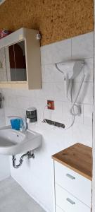 a white bathroom with a sink and a mirror at penzion U Soudu in Liberec +57 photos