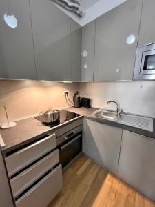 a kitchen with stainless steel cabinets and a sink at Mare Sea View Suites ,One Bedroom 305 in Bečići
