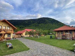 a resort yard with a mountain in the background at Casa Bunicilor in Nucşoara