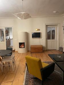 a living room with a television and a fireplace at Historisches Bürgerhaus Hartlschuster in Neufelden