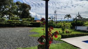 a pole with red flowers on the side of a driveway at Finca Santa Rita in Pereira