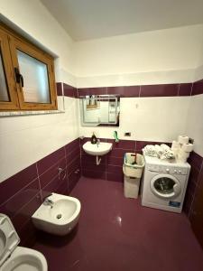 a bathroom with a toilet a sink and a washing machine at Skyline Villa Boge in Bogë