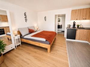 a bedroom with a bed and a kitchen at Haus Erna Weitra in Weitra