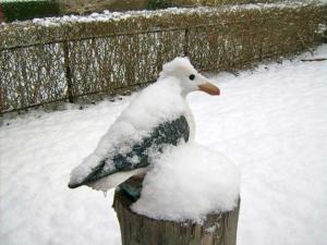 a duck sitting on a wooden post in the snow at Ferienwohnungen in Semlow in Semlow
