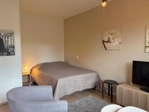 a bedroom with a bed and a chair and a television at Mirella in Tampere