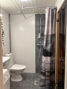 a bathroom with a toilet and a shower curtain at Mirella in Tampere +7 photos