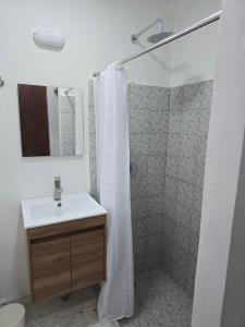 a bathroom with a sink and a shower with a shower curtain at Cumbre Guesthouse in Monterrey