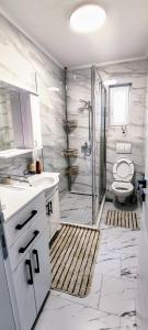 a bathroom with a shower and a toilet and a sink at City View Apartment in Sarajevo +50 photos