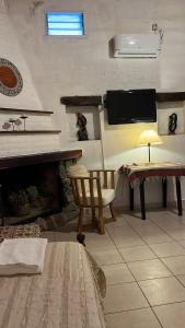 a living room with a tv and a fireplace at Posada La Ernestina Villa de las rosas in Villa Las Rosas