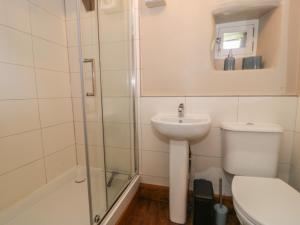 a bathroom with a toilet and a sink and a shower at Beudy Bach in Llanbedr +17 photos