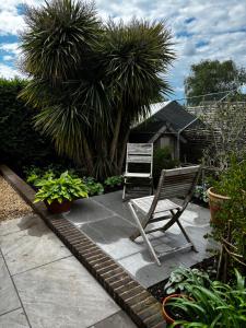 a patio with a chair and some plants at Barnfield house in Upham +6 photos