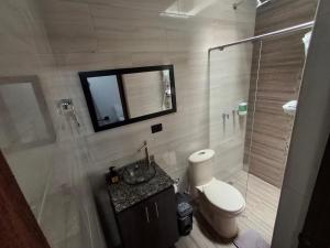 a bathroom with a toilet and a sink and a shower at Hostal Machu Picchu Medellin in Medellín