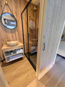 a bathroom with a mirror and a vanity with a sink at Domaine du Bois l'Abbé - Le Nid in Saint-Martin-Boulogne +14 photos