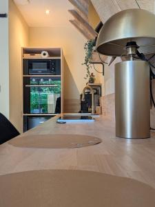 a kitchen with a sink and a counter top at Domaine du Bois l'Abbé - Le Nid in Saint-Martin-Boulogne