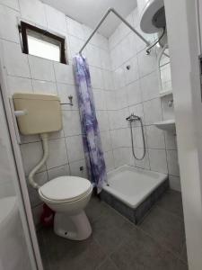 a small bathroom with a toilet and a shower at Canj Cozy apartment - Studio in Čanj