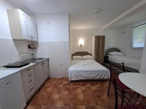 a small kitchen with two beds and a sink at Canj Cozy apartment - Studio in Čanj