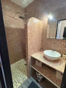 a bathroom with a sink and a mirror at La Cathare in Lézignan-Corbières +8 photos