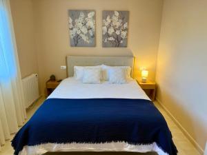 a bedroom with a blue bed with two paintings on the wall at Apartmento Las Palmeras in Noalla