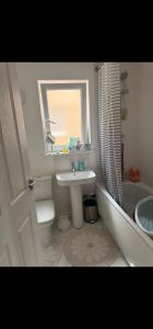 a bathroom with a sink and a toilet and a window at edinburgh holiday home in Roslin