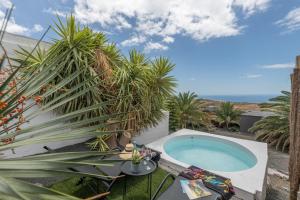 a backyard with a hot tub and palm trees at Suite Junior Amanecer in Mácher