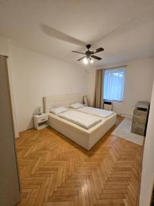 a bedroom with a bed and a ceiling fan at 2 bedroom apartment, near Xbionic in Šamorín