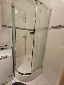 a shower with a glass door in a bathroom at 2 bedroom apartment, near Xbionic in Šamorín +8 photos