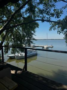 a view of a dock with a boat in the water at The Marina Treehouse in Hamuliakovo