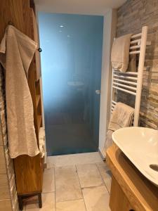a bathroom with a sink and a glass shower door at FeWo Johann Friedrich in Hilpoltstein