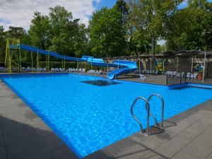 ein großes Schwimmbecken mit einer Rutsche in der Unterkunft Roosje in Hoenderloo + 27 Fotos