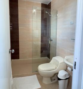 a bathroom with a shower and a toilet and a sink at Hotel Libano in San Francisco de Macorís