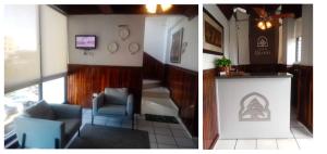 two pictures of a living room with a couch and a chair at Hotel Libano in San Francisco de Macorís